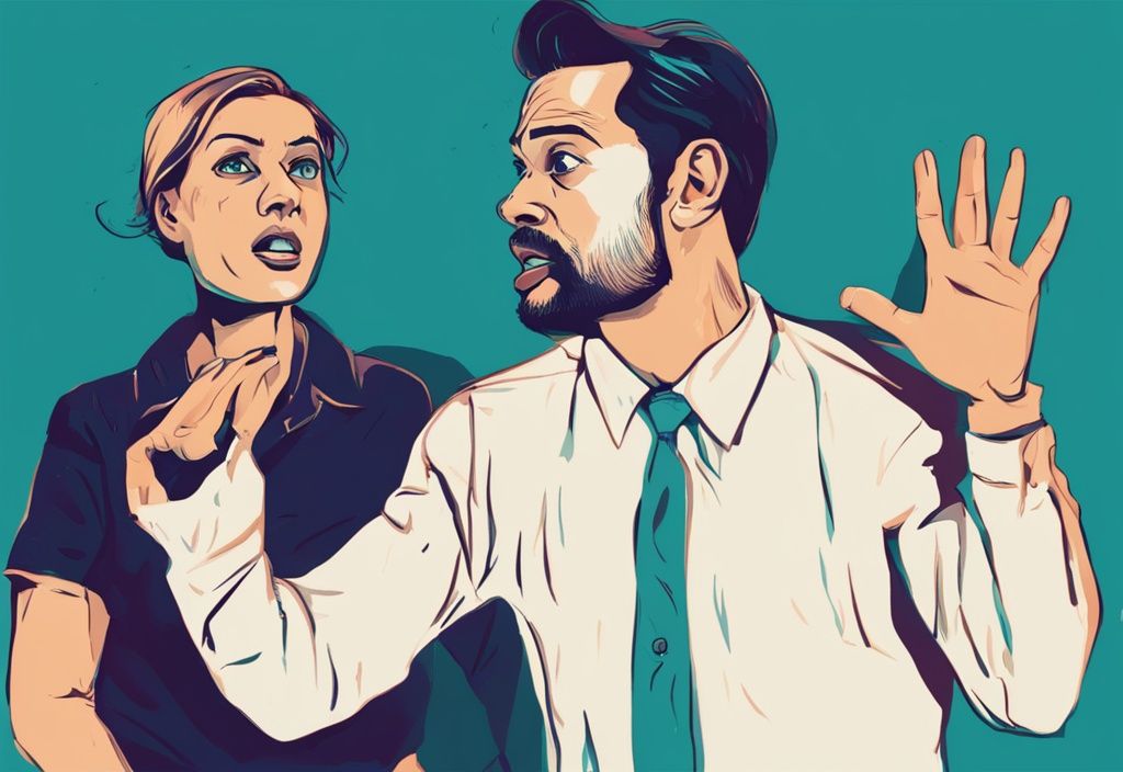 Modern digital painting of a confused man looking at his frustrated wife raising her hand, exploring the theme "why is my wife hitting me" with a teal color palette.