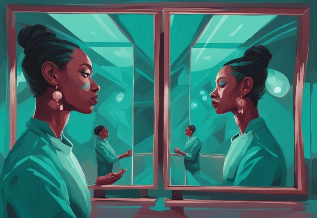 Digital painting of a person seeing their reflection morph into a future faking vision of success, with a teal color theme.