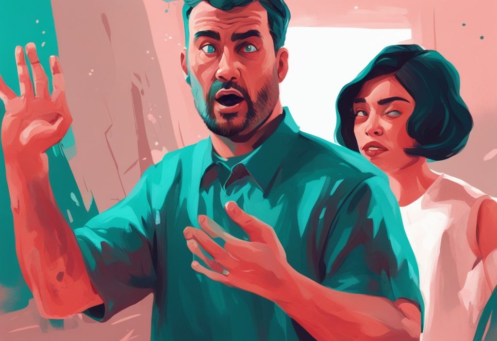 Modern digital painting of a surprised man with a teal theme, wife gesturing with raised foam hand.