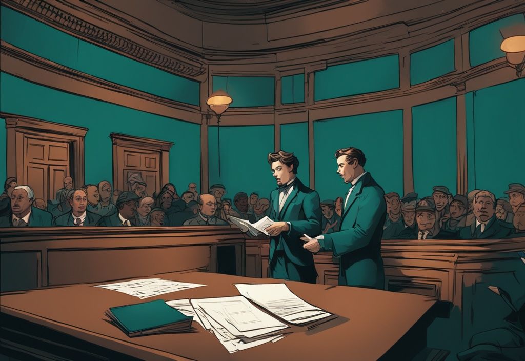 Modern digital painting of a teal-themed courtroom scene with a person holding a lit gaslight and another displaying evidential documents.