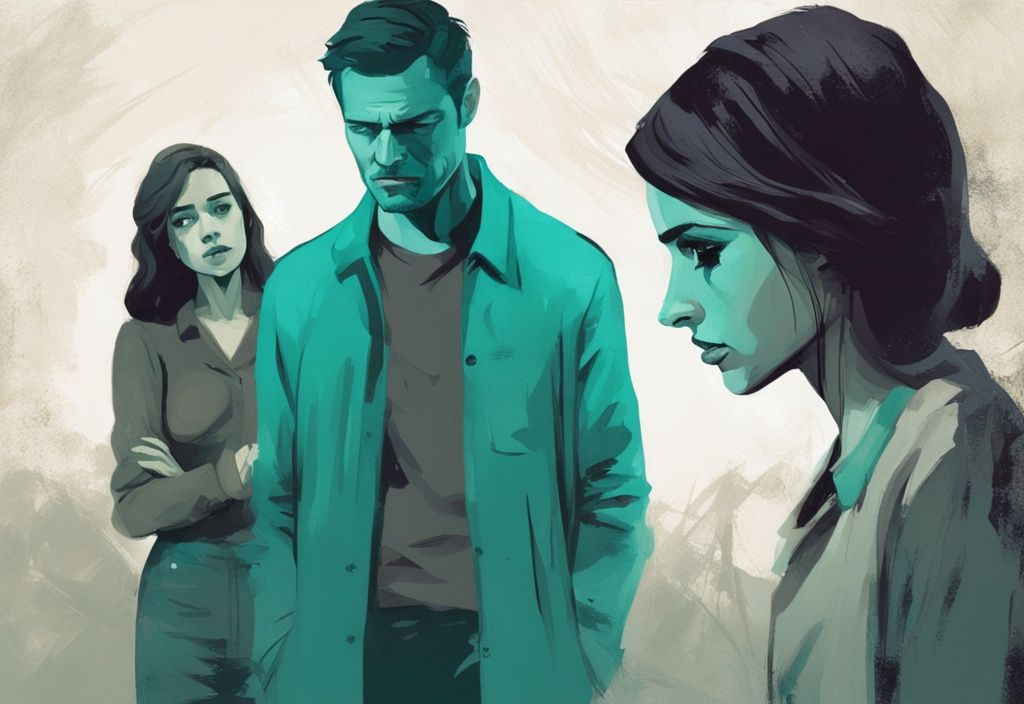 Modern digital painting of a distressed couple exchanging glances with a young woman in the background displaying toxic behavior, teal color theme.