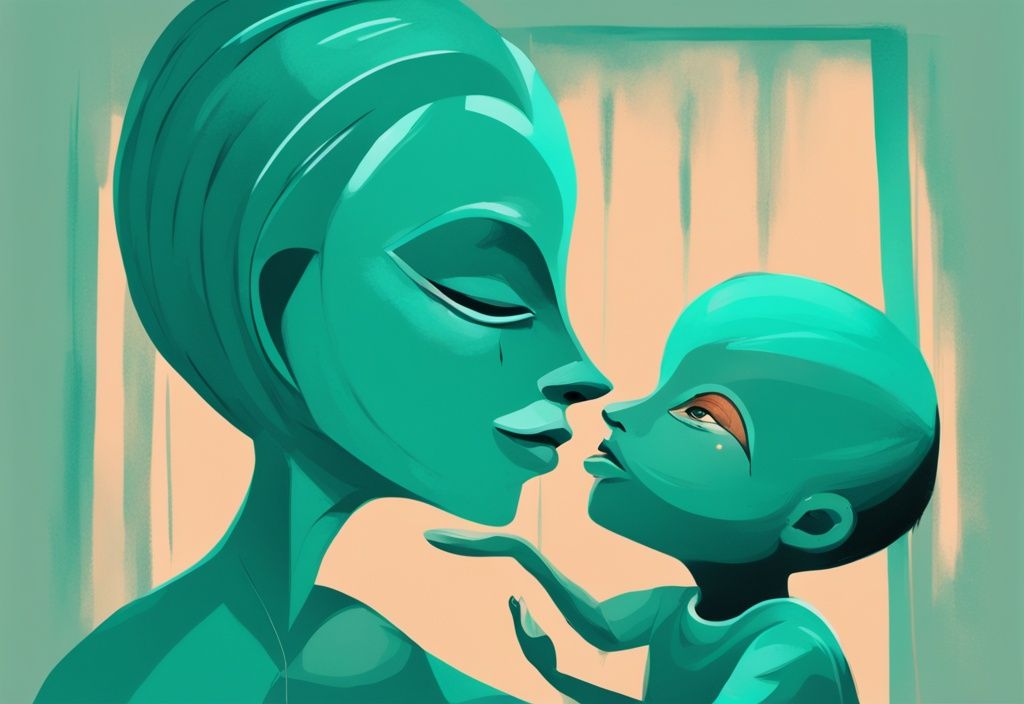 Digital painting of a parent with theatrical mask conveying love to child, teal color theme, depicting struggle and discomfort.