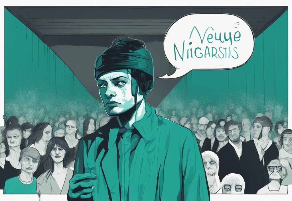 Modern digital painting of a person with a smug expression holding a speech bubble with ambiguous phrases, illustrating covert narcissism, teal color theme.