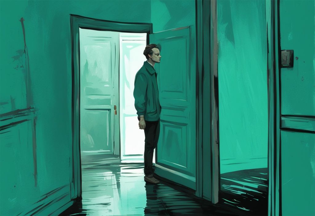 Modern digital painting of a distressed person in a teal-themed room, staring at a closed door with a mirror reflecting a smug face, symbolizing when a narcissist leaves you alone.