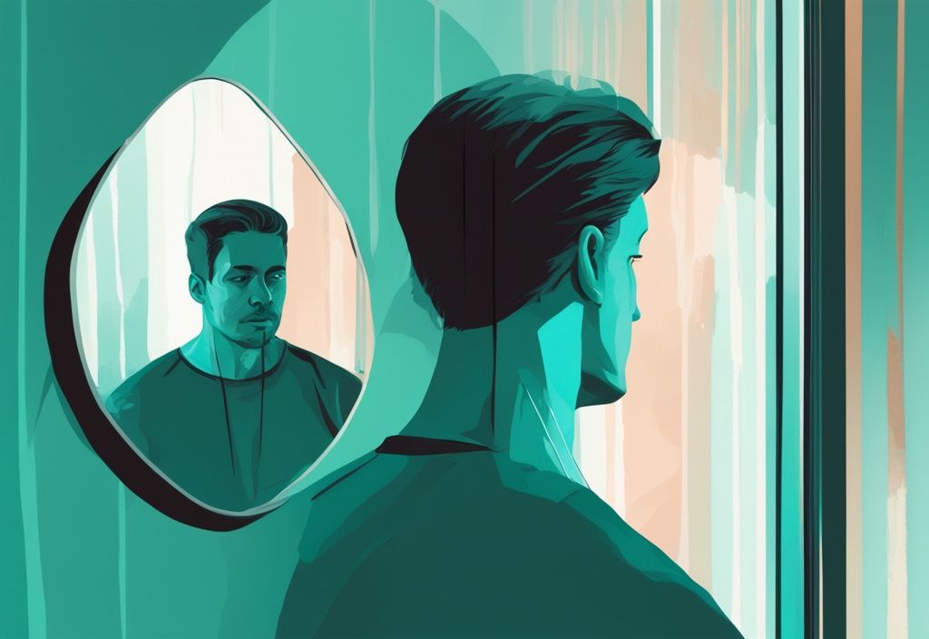 Modern digital painting of a man in teal theme, contemplating his reflection in a mirror, symbolizing the question: can an emotional abuser change?