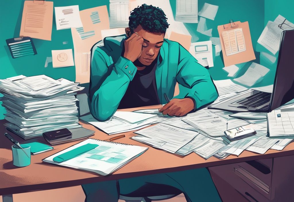 Digital painting of a young adult experiencing anxiety about adulting, sitting at a cluttered desk with teal-themed paperwork, a busy calendar, and a laptop showing a budget spreadsheet.
