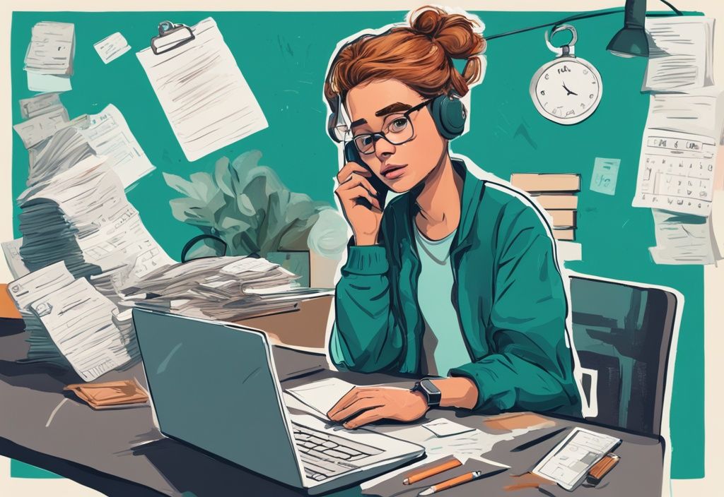 Modern digital painting of young adult at cluttered desk with bills, laptop, and to-do list, expressing worry, teal color theme.
