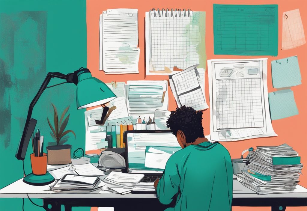 Modern digital painting of a young adult at a cluttered desk with bills, laptop, and to-do list, showcasing a worried expression; teal color theme.